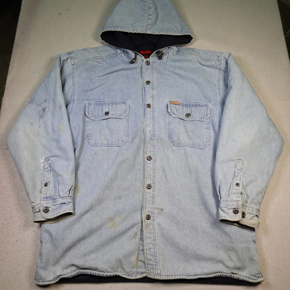 Wolverine Hooded Denim Shirt Jacket Mens Large Shacket Fleece Lined Workwear